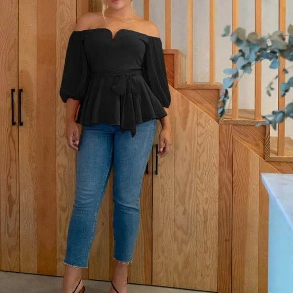 Boho plus  burgundy off shoulder peplum blouse - Picture 7 of 16